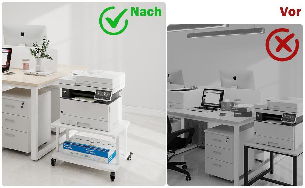 Стіл для принтера PUNCIA з 2 рівнями, мобільний, 60x50 см, білий. Підходить для принтера, сканера, копіювальника.