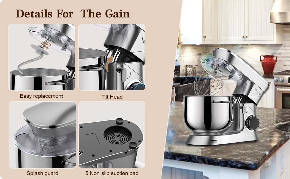 Кухонна машина Vezzio 1500W з чашею 8.5L з нержавіючої сталі: міксер, тістоміс, планетарний міксер для дому