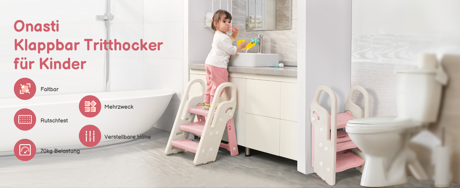 Дитячий табурет-сходинка Onasti: регульована висота, 2-3 сходинки, складна конструкція, багатофункціональний, для ванної, дитячої кімнати, кухні (зелений, рожевий)
