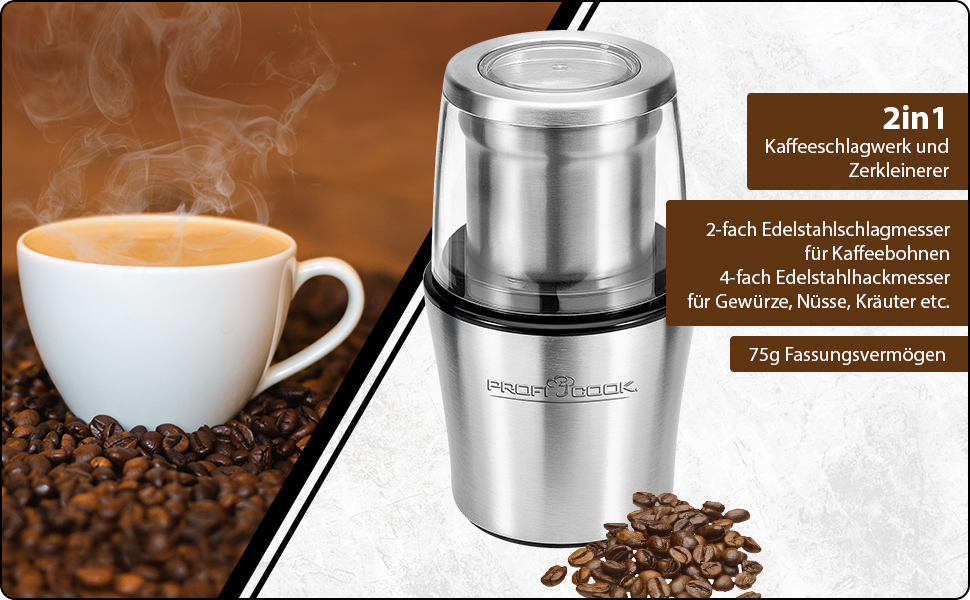 ProfiCook Kaffeeschlagwerk PC-KSW 1021 N: Електричний подрібнювач для кави та спецій, нержавіюча сталь, 200 Вт, імпульсний режим