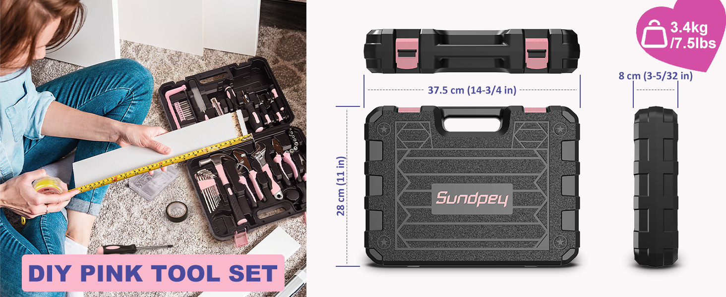 Набір інструментів Sundpey 148 предметів в кейсі - рожевий, з викрутками, ключами, плоскогубцями та тестером напруги для дому та майстерні