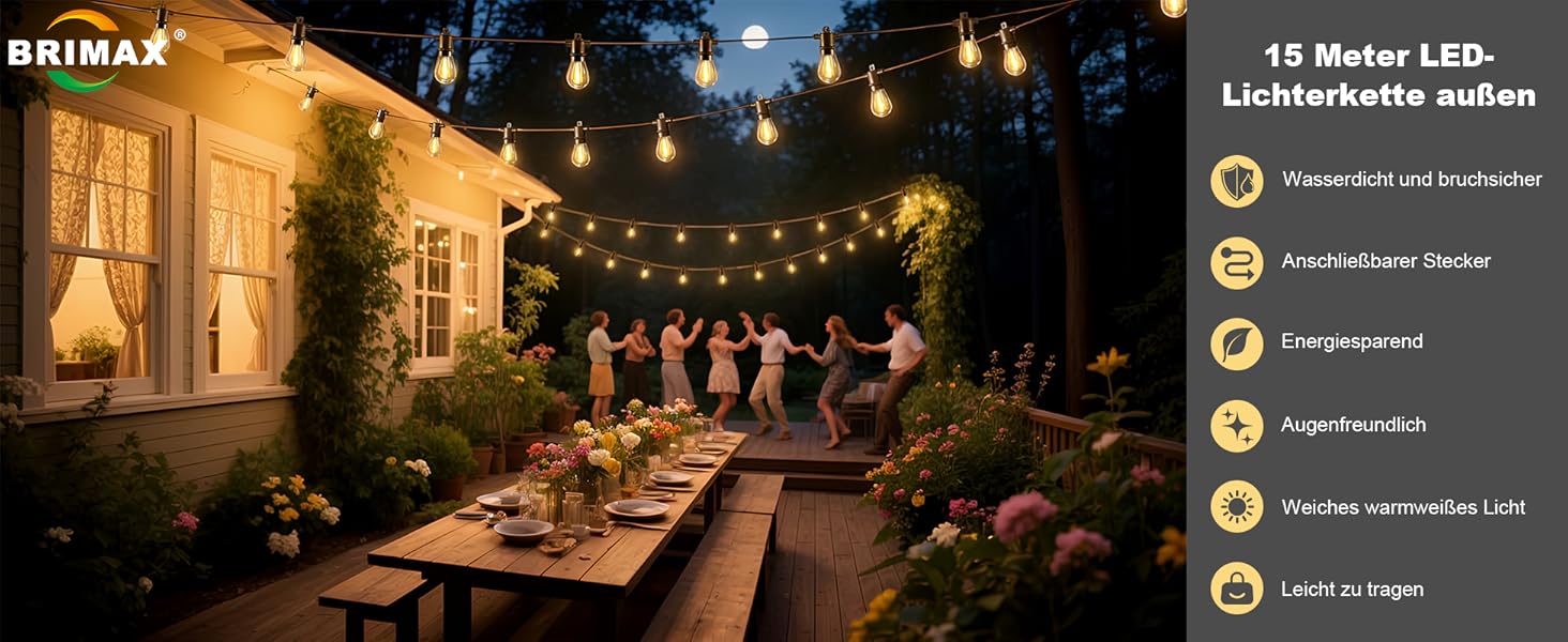 BRIMAX LED гірлянда для вулиці, 30м, 220-240V, IP44, 46+4 лампочки G40 E12 1W, 2200K, розширювана, для кемпінгу, ярмарку, саду, вечірки