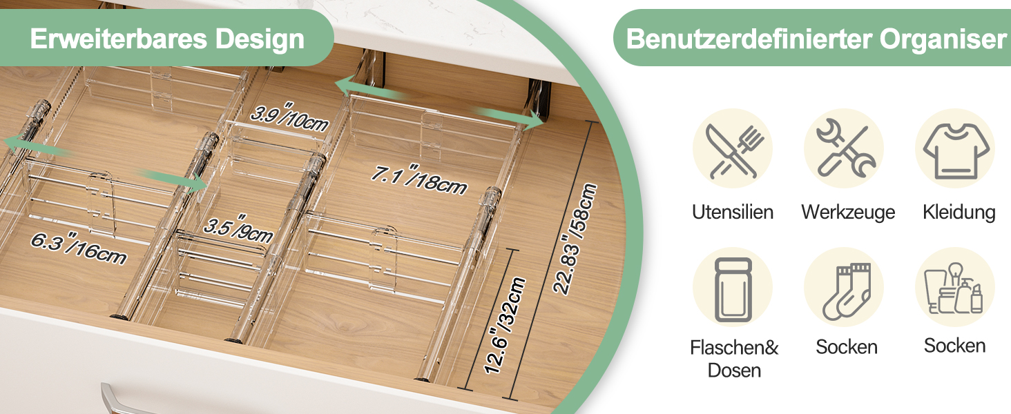 Регульовані роздільники для ящиків FUNIZE, 8 шт., 32-58 см, 16 шт. вставок 9-18 см, органайзери для ящиків на кухню, спальню, офіс, 6 см висота