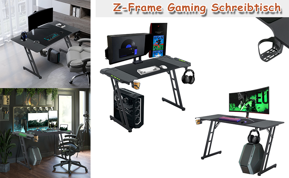 Ігровий стіл XMTECH 140x60 см з RGB LED, карбонова поверхня, ергономічний, з тримачем для навушників та підставкою для напоїв, чорний