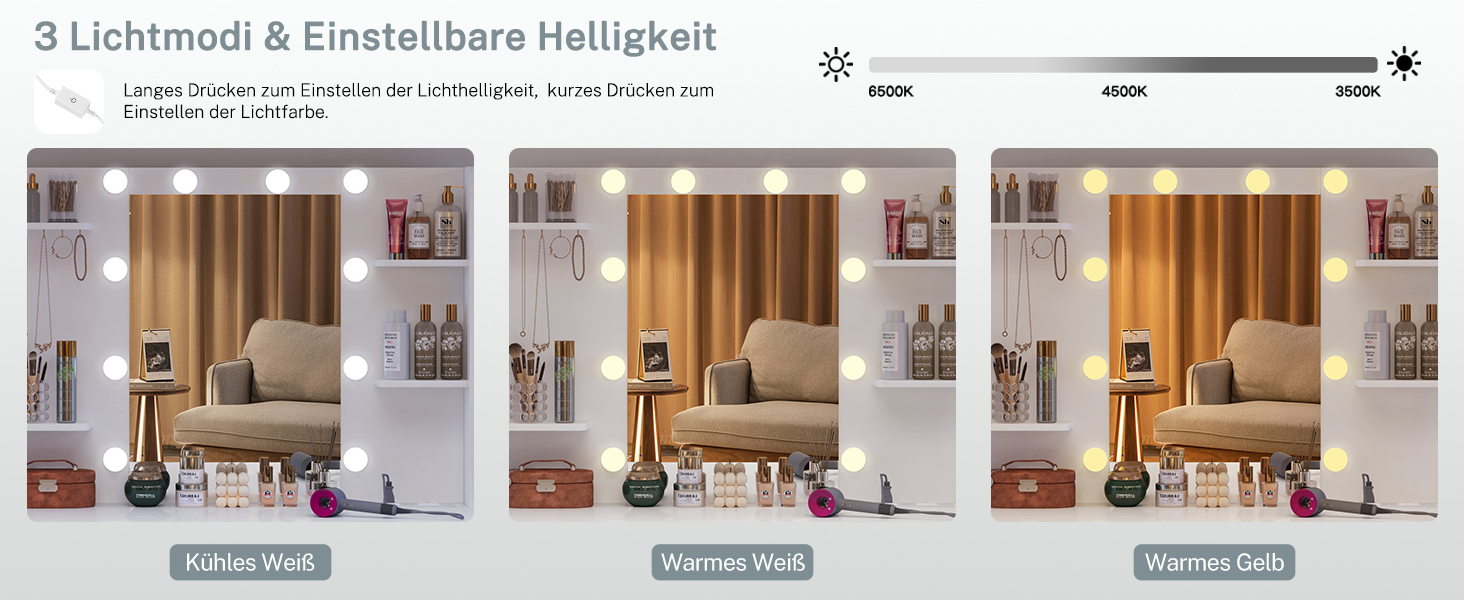 Трюмо TEENFON з дзеркалом та підсвічуванням, біле. 4 шухляди, 4 відкриті полиці, 5 гачків для прикрас.