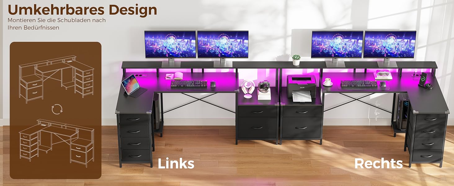Ігровий кутовий стіл IRONCK L-подібний з LED-підсвіткою, розетками (2AC+1USB+1C), 6 шухлядами та підставкою для монітора, 189x100 см, чорний