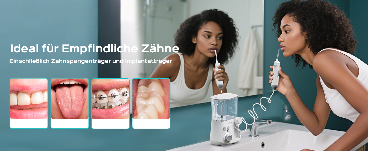 COSLUS Електрична іригатор для порожнини рота з 2 режимами та 12 рівнями тиску – 600 мл резервуар для води. Підходить для сімей, ентузіастів орального здоров'я та пацієнтів з ортодонтичними конструкціями. 5 насадок, чорно-білий колір.