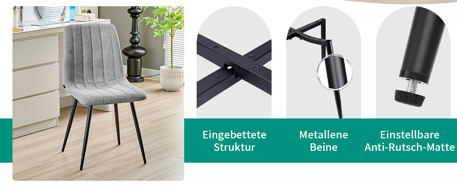 Набір з 4-х оббитих стільців для їдальні з тканини льон та чорними металевими ніжками, смугастий дизайн, для їдальні, вітальні, спальні, кухні, рецепції, сірий