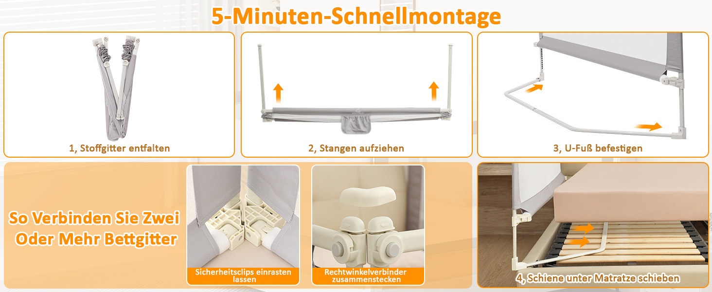 Бортики для ліжка дитячі 3 шт., захисні грати на ліжко для малюків (2x200 см + 1x180 см), сірі, складані