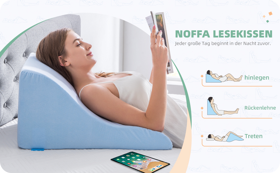 Подушка для читання в ліжко та диван - подушка-клинок з піною з пам'яті - ергономічна спинка та подушка для голови - ідеальна підтримка спини під час відпочинку, ігор, читання або перегляду телевізора - широка (стандартна ширина 82 см, блакитна)