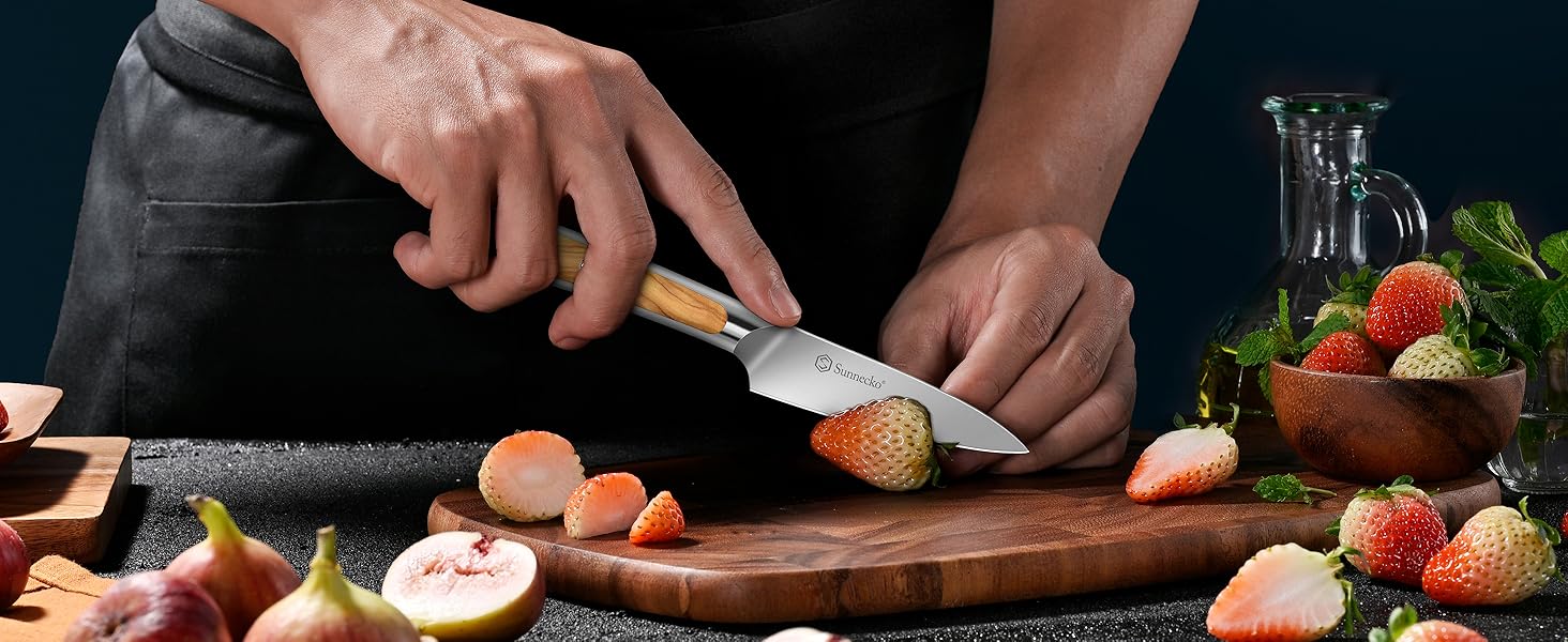 Набір ножів Sunnecko 6 шт. з підставкою – кухонний набір ножів для кухні, з ергономічними ручками та гострими лезами, з підставкою з нержавіючої сталі та акацієвого дерева