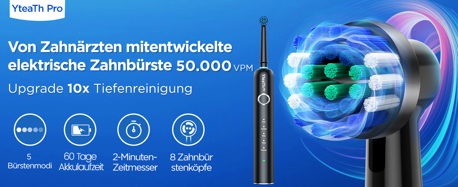 Електрична зубна щітка ротаційного типу для дорослих та дітей з 8 насадок, зарядний станція з кріпленням на стіну, 5 режимів чищення та дорожній футляр, 60 днів роботи від акумулятора, чорний