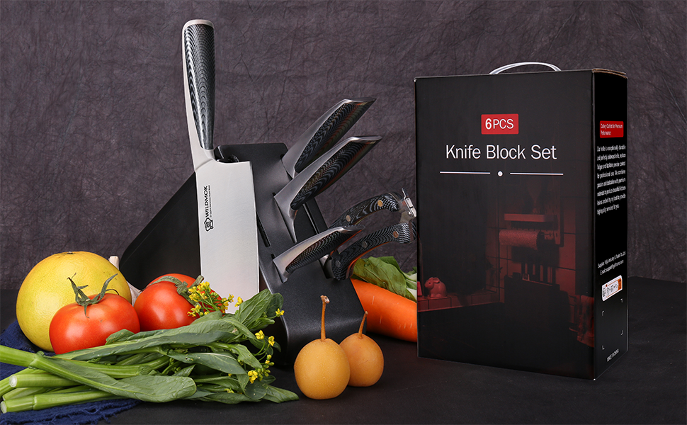 Набір кухонних ножів WILDMOK 6 предметів з блоком. Ультрагострі ножі з нержавіючої сталі з ABS-ручкою. Азіатський набір ножів для кухні