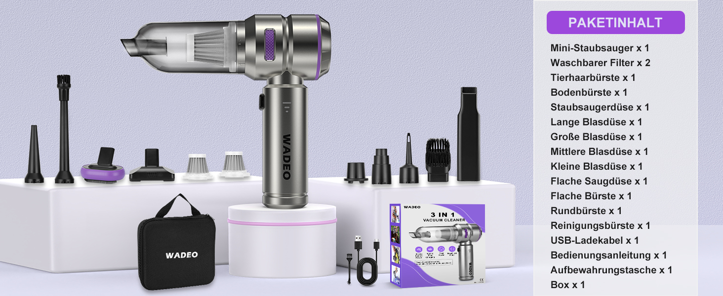 Акумуляторний ручний пилосос WADEO 3 в 1 для авто та дому, 18000Па, 3 швидкості, потужний обдув, 7500 мАг