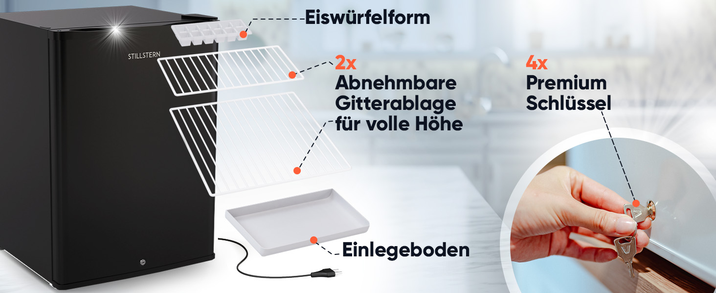 Stillstern Міні морозильник 42L -18°C з формою для льоду, замком, змінним напрямком відкривання дверцят, 4-зірковий глибокий заморожувач для кемпінгу/офісу. Срібний колір.