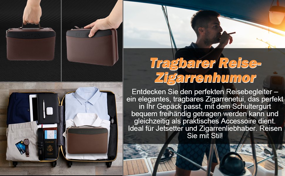 Умидник для сигар з натуральної шкіри, 5-в-1 комплект з запальничкою та вологоміром, коричневий