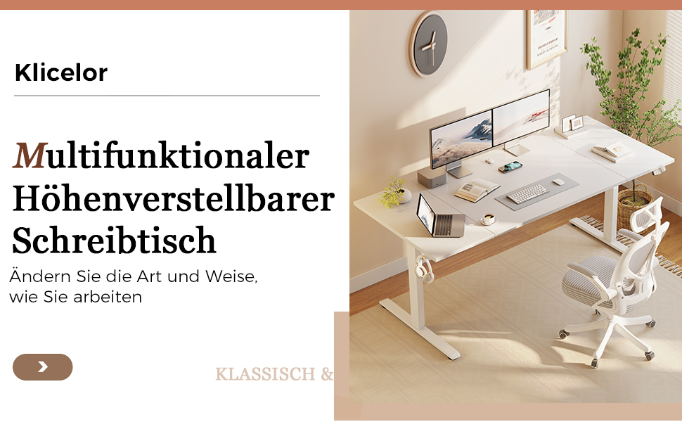 Регульований стіл Klicelor, електричний, з пам'яттю, для офісу, 160 x 80 см, білий/світло-коричневий