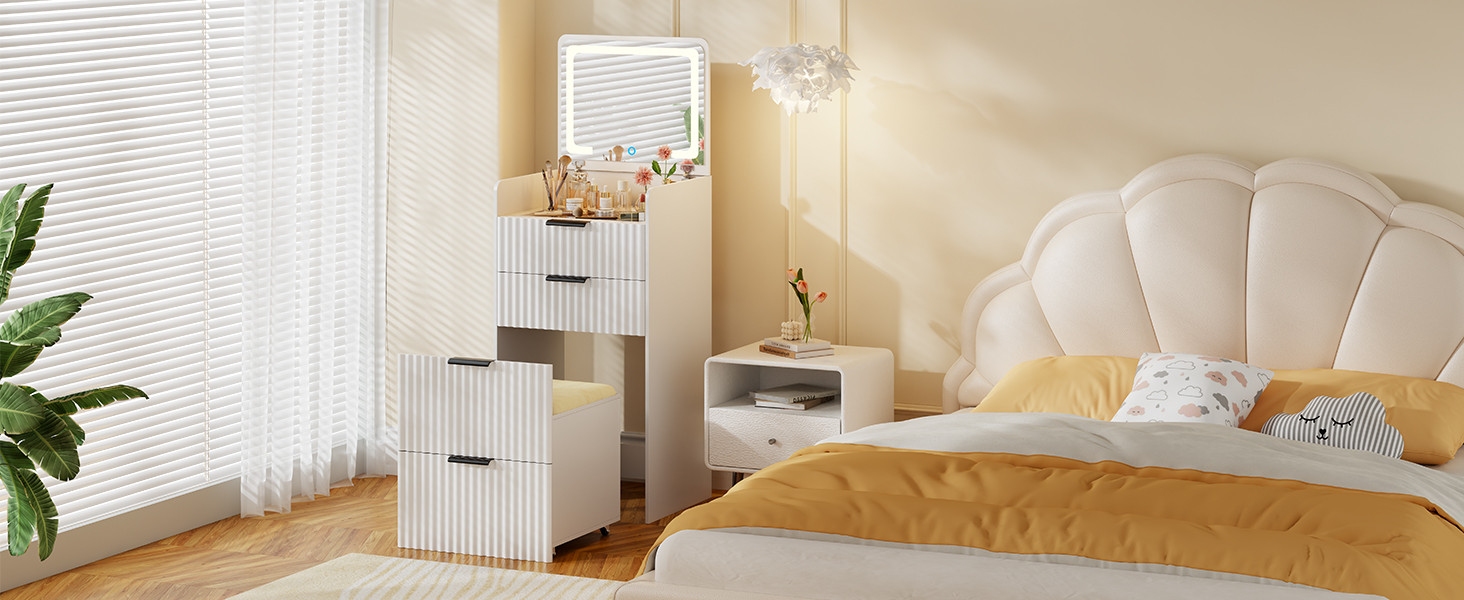 Трюмо Lvifur з LED-дзеркалом та 3 висувними ящиками, кутовий, для спальні, квартири, гуртожитку, білий