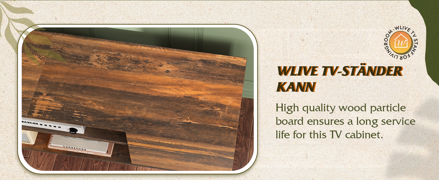 Тумба під телевізор WLIVE 160x40x47 см з двома дверцятами та відкритими полицями, вітальня, спальня, вінтажний коричнево-чорний