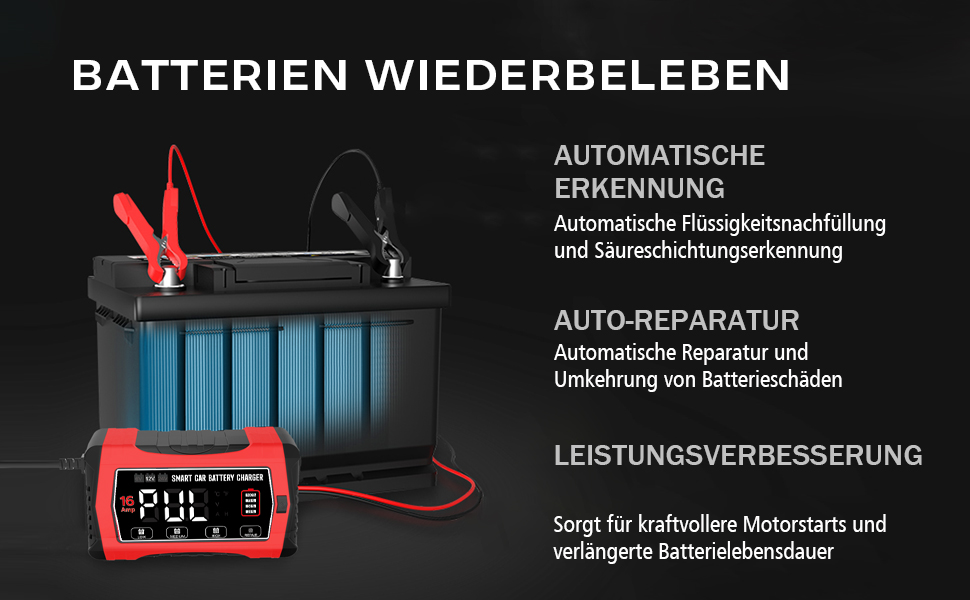 Зарядний пристрій для акумулятора 12V/24V Haisito: Швидка зарядка AGM, Gel, MF, EFB, SLA, VRLA (16A)