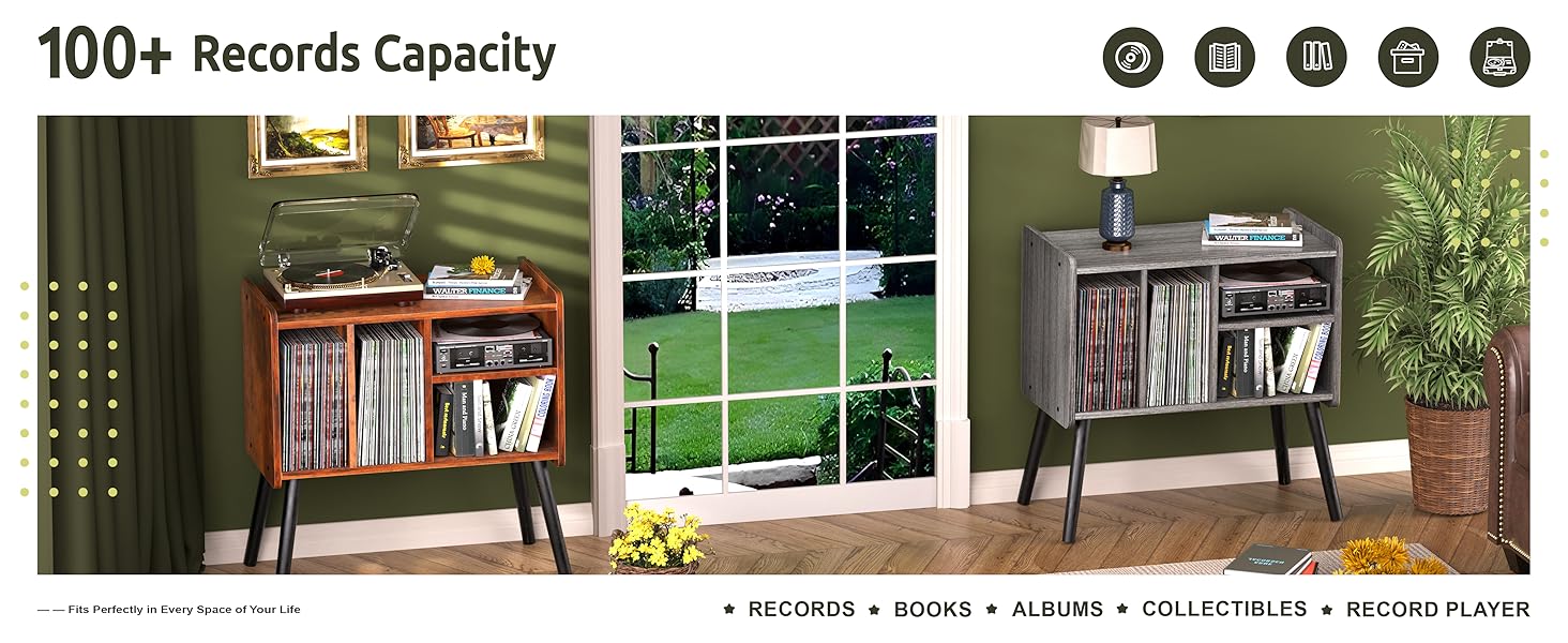 Стіл для програвача, стійка для програвача середини століття з місцем для зберігання вінілу (до 150+ альбомів), шафа для вінілових платівок з регульованими полицями (Сірий)