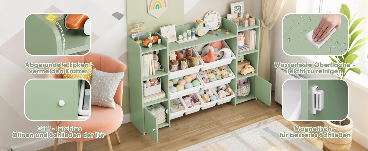 FOREHILL Регульована полиця для іграшок з 8 ящиками, дитячий шафка, книжкова полиця для дітей, меблі для дитячої кімнати з ящиком для іграшок, 138,8 x 94,3 x 29,6 см, білий (зелений)