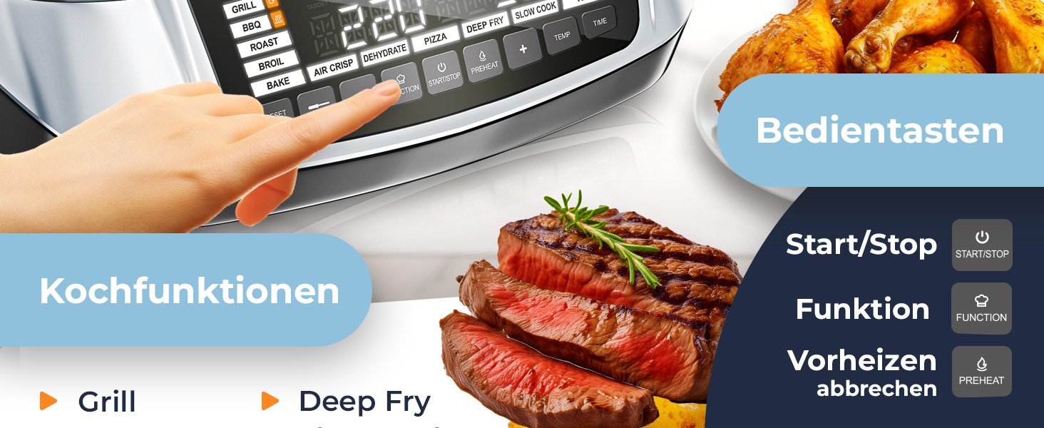 Мультиварка KESSER® 8л з фритюрницею, 16 програм, чорна. Гриль, випічка, тушкування, приготування на пару, функція підігріву та повільного приготування, приготування рису та йогурту.