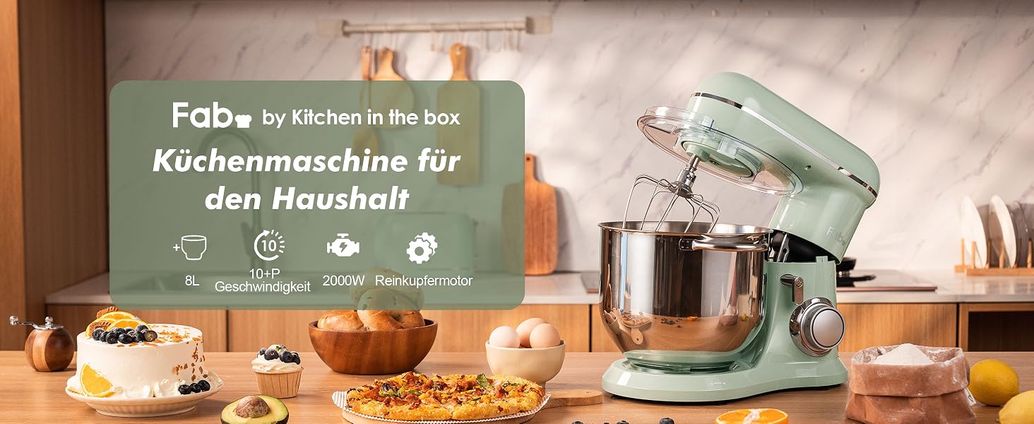 Кухонний комбайн-міксер Kitchen in the box Fab-Serie 8л, потужність 2000Вт, 10 швидкостей, з насадками (вінчик, гак, міксер), Зелений