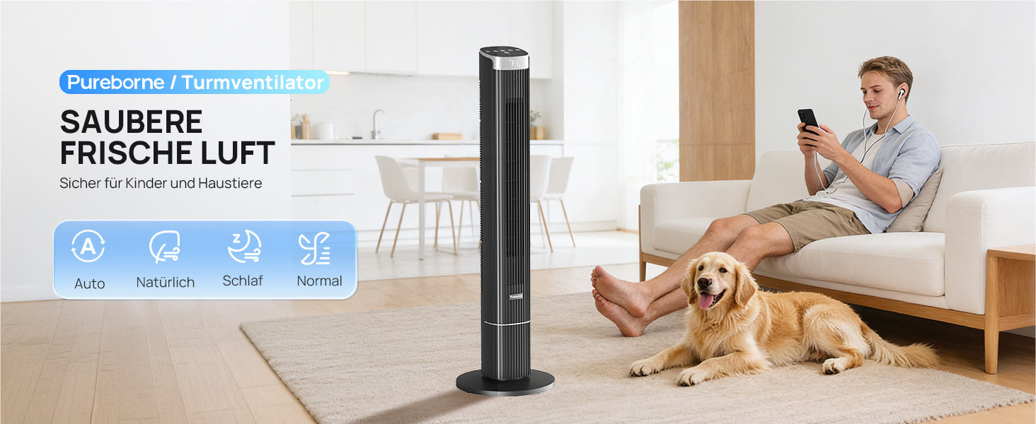 Вентилятор вежовий Leiser Smart 25дБ з осциляцією 90°, 4 режими, таймер 12 год, 109 см, чорний