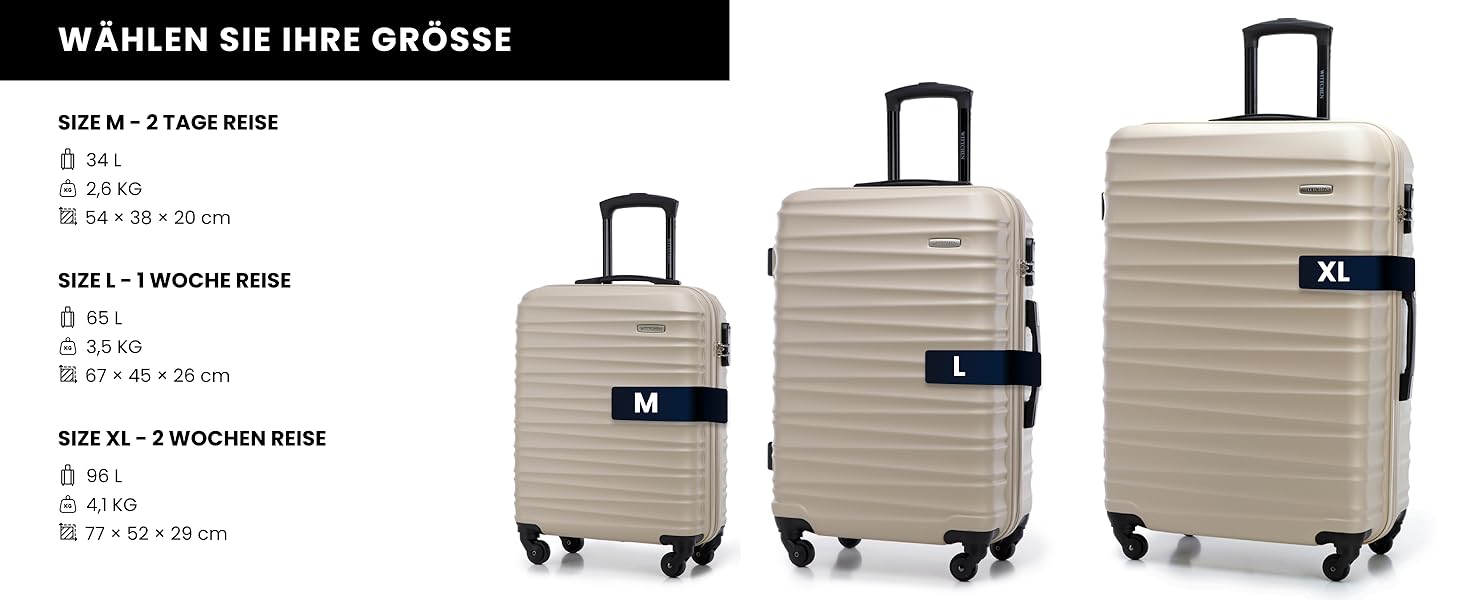 Набір валізWITTCHEN 3в1: велика, середня, маленька. Жорсткий корпус ABS, 4 колеса, кодовий замок. Підходить для Lufthansa, Eurowings, Ryanair, Condor. Бежевий колір.