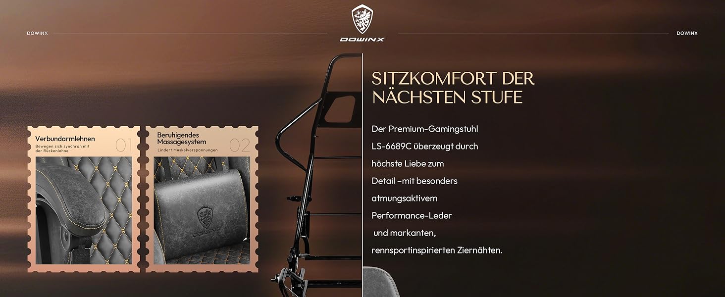 Ігрове крісло Dowinx з підніжкою, масажером попереку та офісним комфортом, до 200 кг, регулювання спинки 165°, сірий