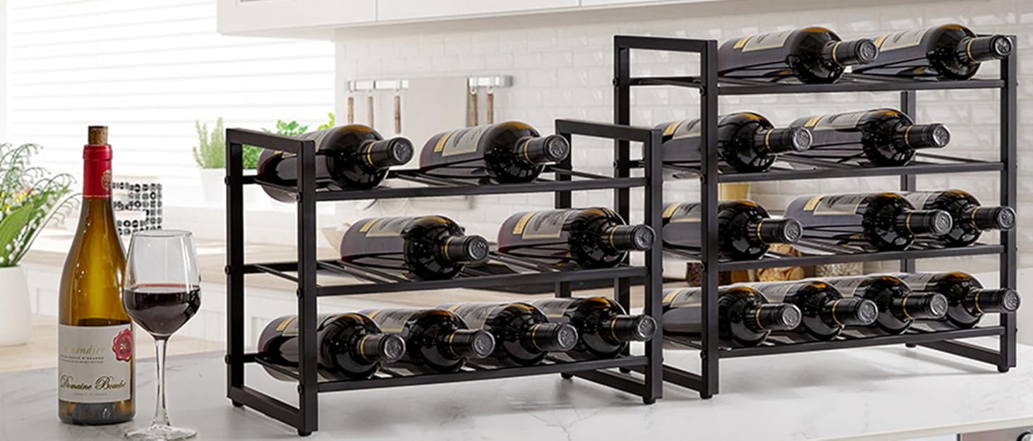 Стеллаж для вина IBUYKE: 3 яруси, 12 пляшок, металевий каркас, дерево, для кухні, бару, вітальні