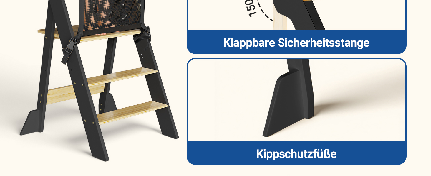 COSYLAND Монтессорі навчальний столик-сходинка для дітей від 1 року, регульована висота, складаний | Навчальний столик-сходинка для кухні | Темно-сірий-натуральний | COSYLAND