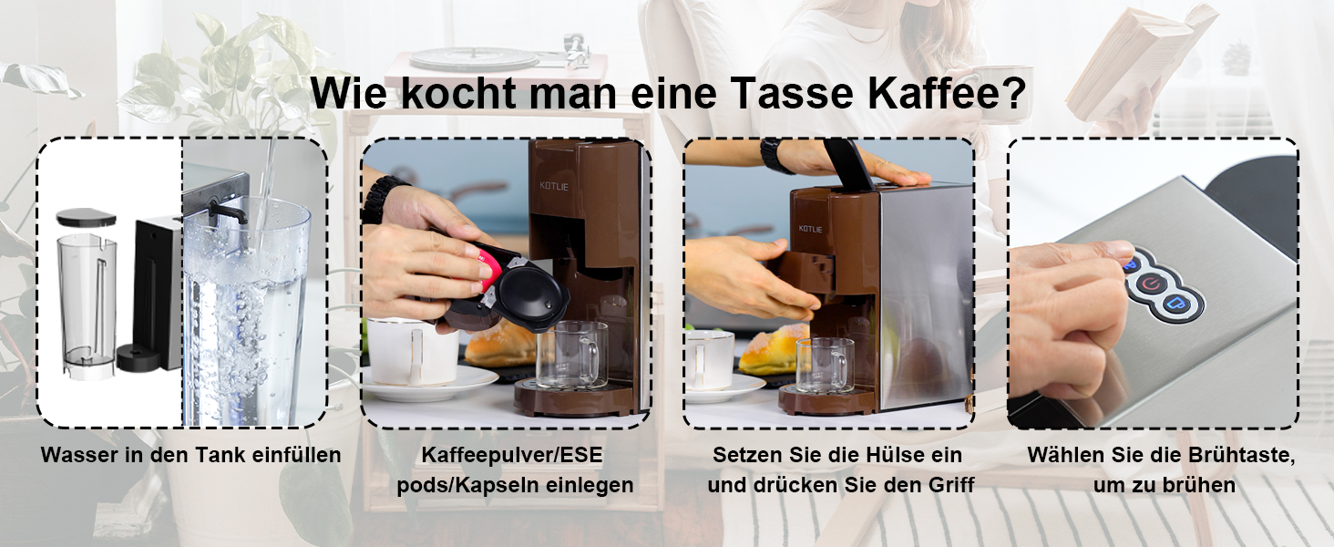 Кавомашина KOTLIE Espresso 4-в-1 для NES/Dolce Gusto/меленої кави/ESE (44мм), 19 Бар, коричнева