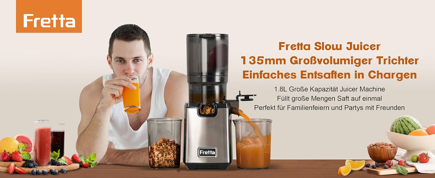 Електрична холодний соковичавниця Fretta Slow Juicer з нержавіючої сталі, 250W, з функцією реверсу, BPA Free