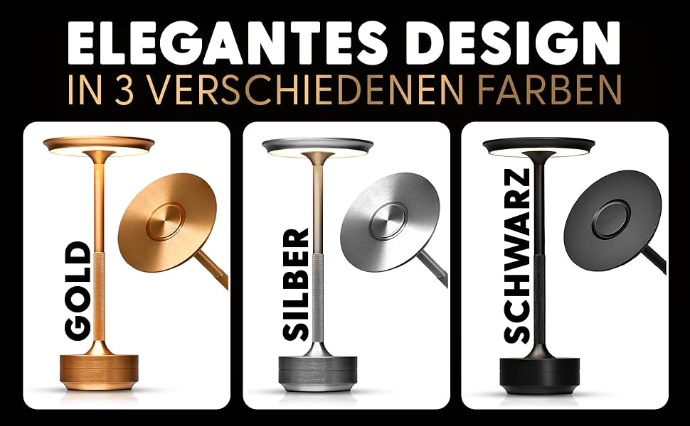 LED настільна лампа ELYSIA з акумулятором, диммування, бездротова, сенсорне управління, для дому та вулиці [IP54], тепле світло [2200K-2700K-3200K], USB-C, перезарядна, алюміній, золота