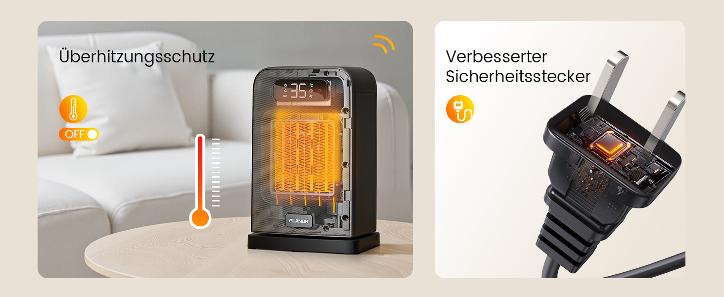 Електричний обігрівач 1500W з керамічним PTC нагрівачем, портативний з термостатом та ECO-режимом, 4 режими, цифровий дисплей, таймер 12 годин, тихий (35dB), чорний, 26 см