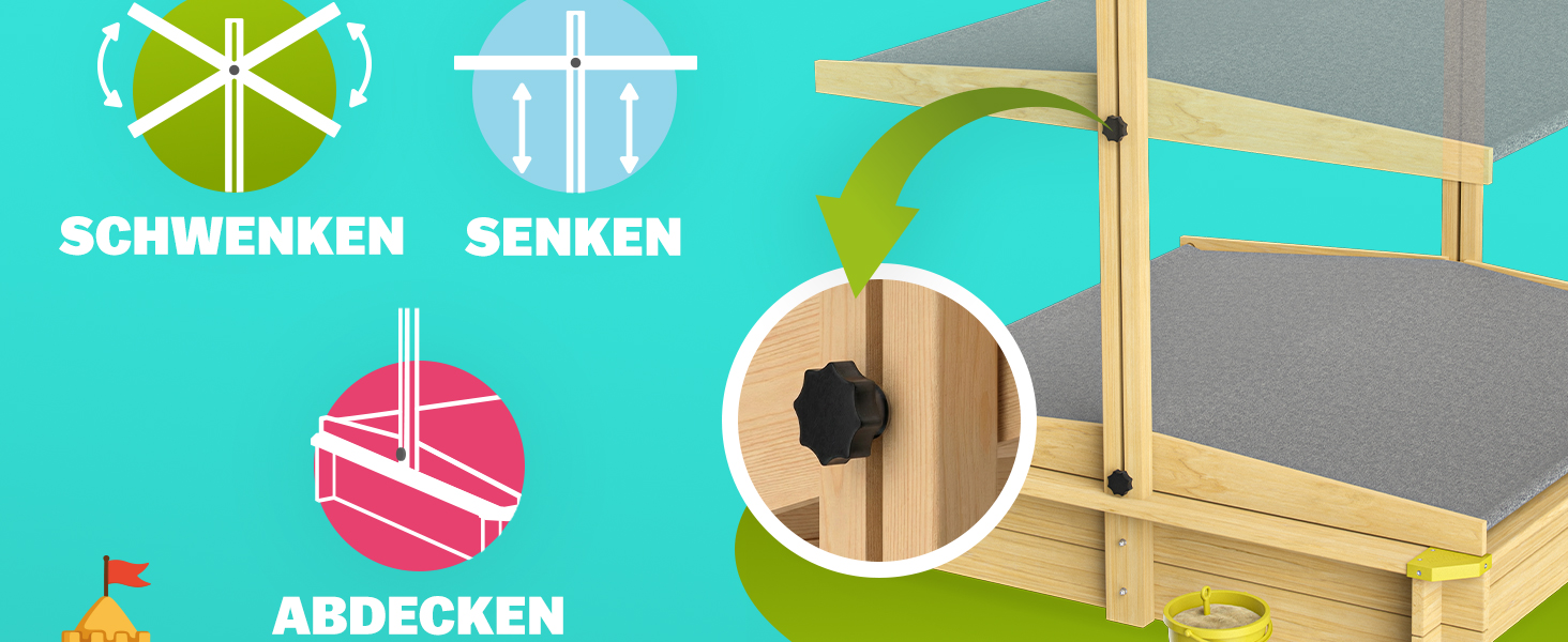 Пісочниця Spielwerk Samu з дахом від сонця 120x120 см, натуральне дерево, захист країв, UV 50, з рівнем наповнення, для дітей