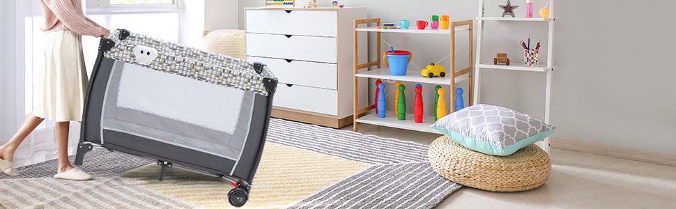 Детское путешествие 102x72 см: складная кроватка-манеж для новорожденных и детей 0-36 месяцев с матрасом, колесиками, москитной сеткой и пеленальным столиком, 3 в 1 (Model 2-gray)