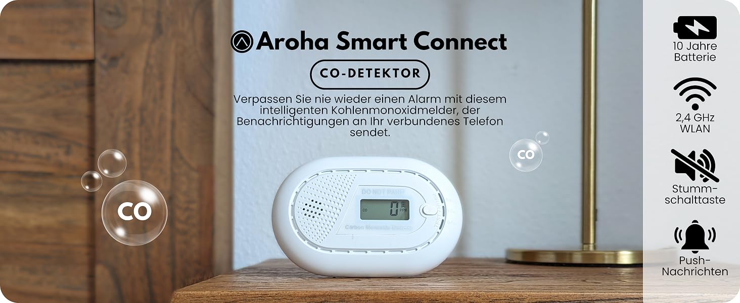 Розумний датчик чадного газу Aroha Smart Connect Wi-Fi (Tuya, Smart Life) з батареєю на 10 років, детектор CO для Smart Home