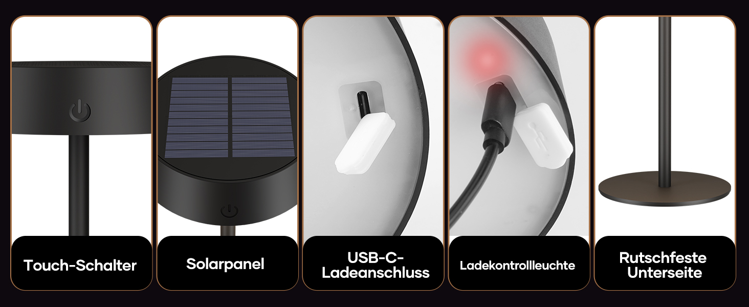 Сонярна LED лампа Suright настільна, акумуляторна, USB-C, 3 режими, регулювання яскравості, IP65, чорна