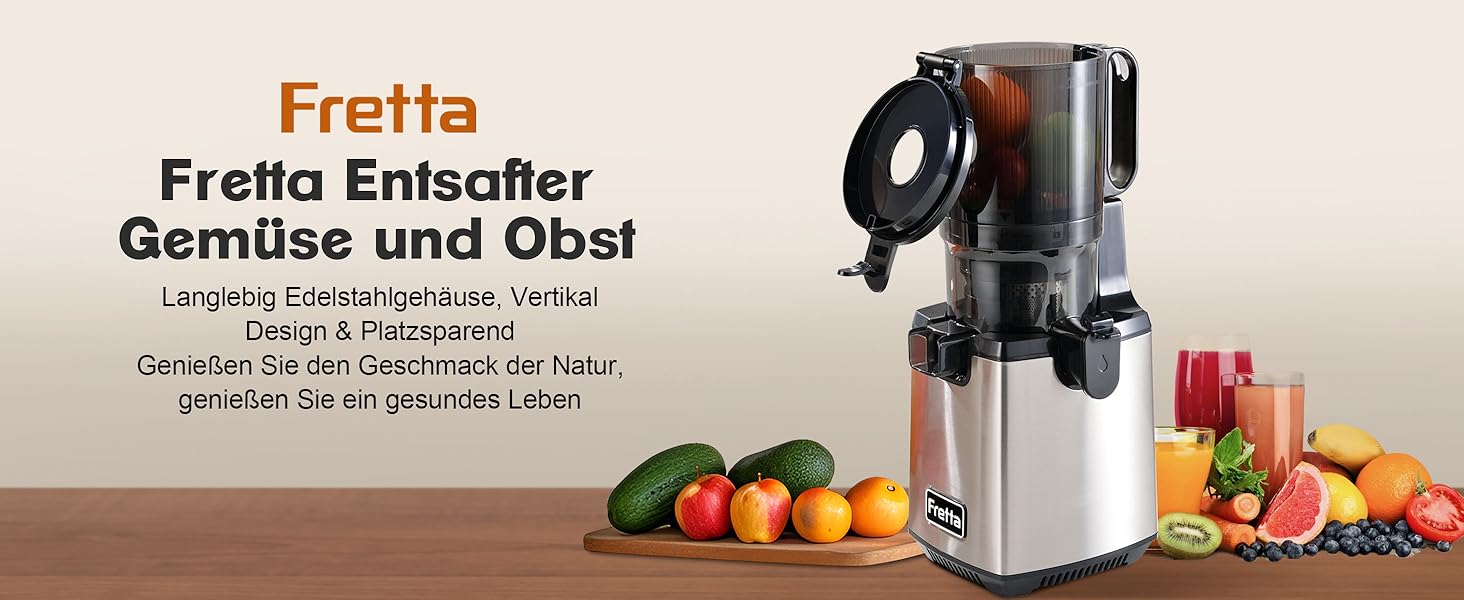 Електрична холодний соковичавниця Fretta Slow Juicer з нержавіючої сталі, 250W, з функцією реверсу, BPA Free