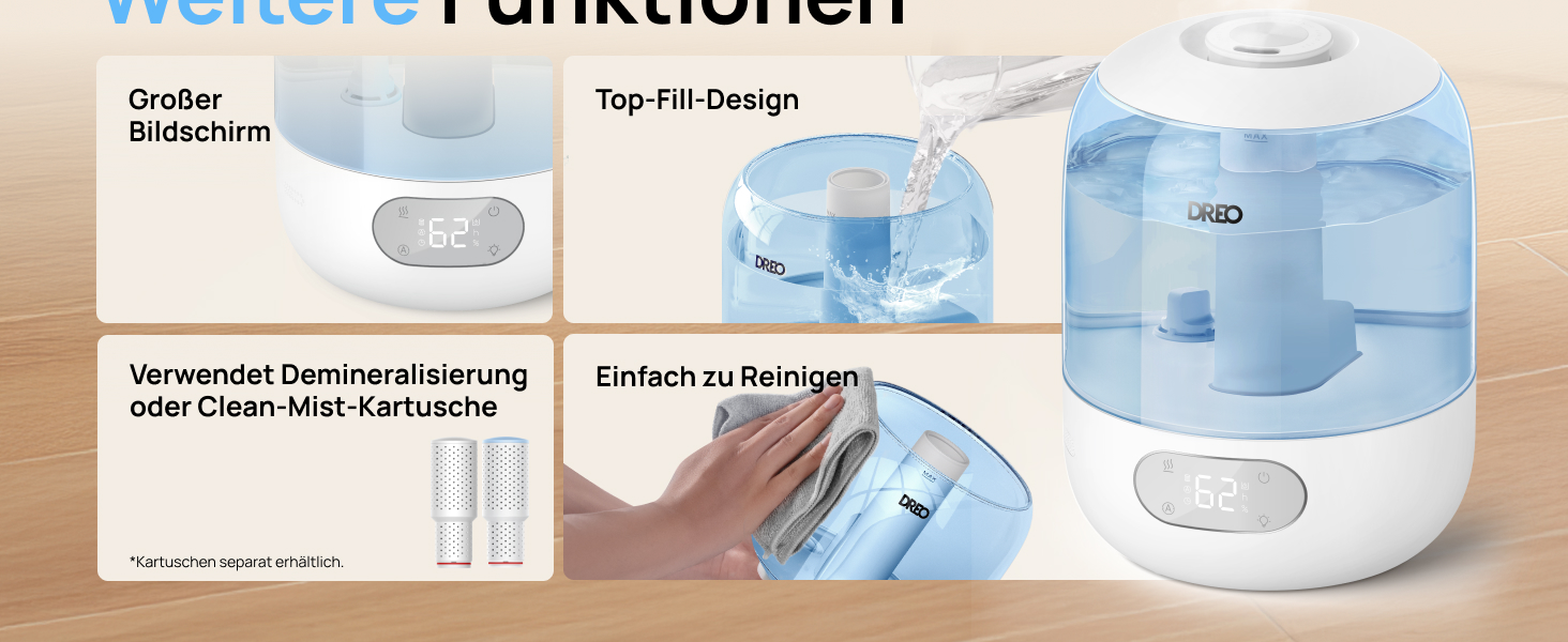 Зволожувач повітря Dreo для спальні, ультразвуковий холодний туман, 30 годин роботи, 3L резервуар з верхнім заповненням, датчик вологості, нічне світло для дітей, кімнати, рослин та дому (Blue)