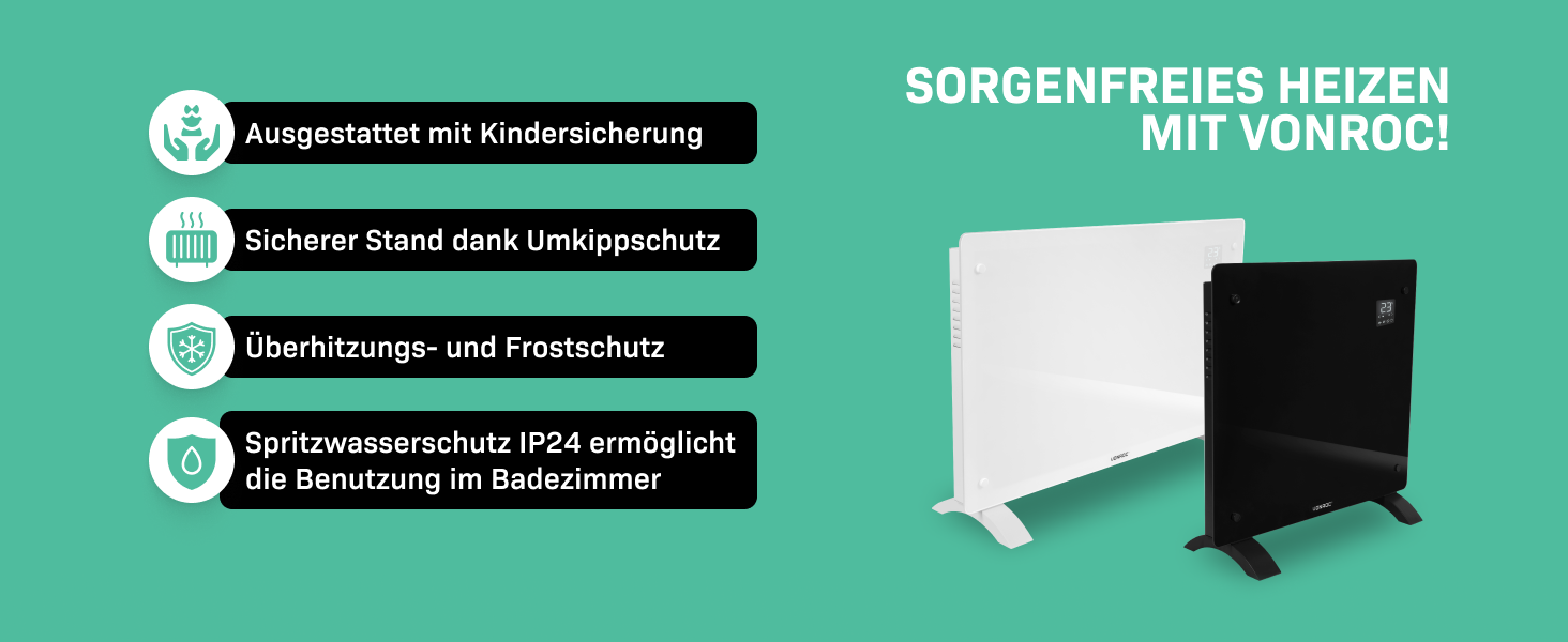 Електричний конвекторний обігрівач VONROC 2000W - для кімнат до 24м² - настінний/підлоговий монтаж - ручне/APP керування, білий