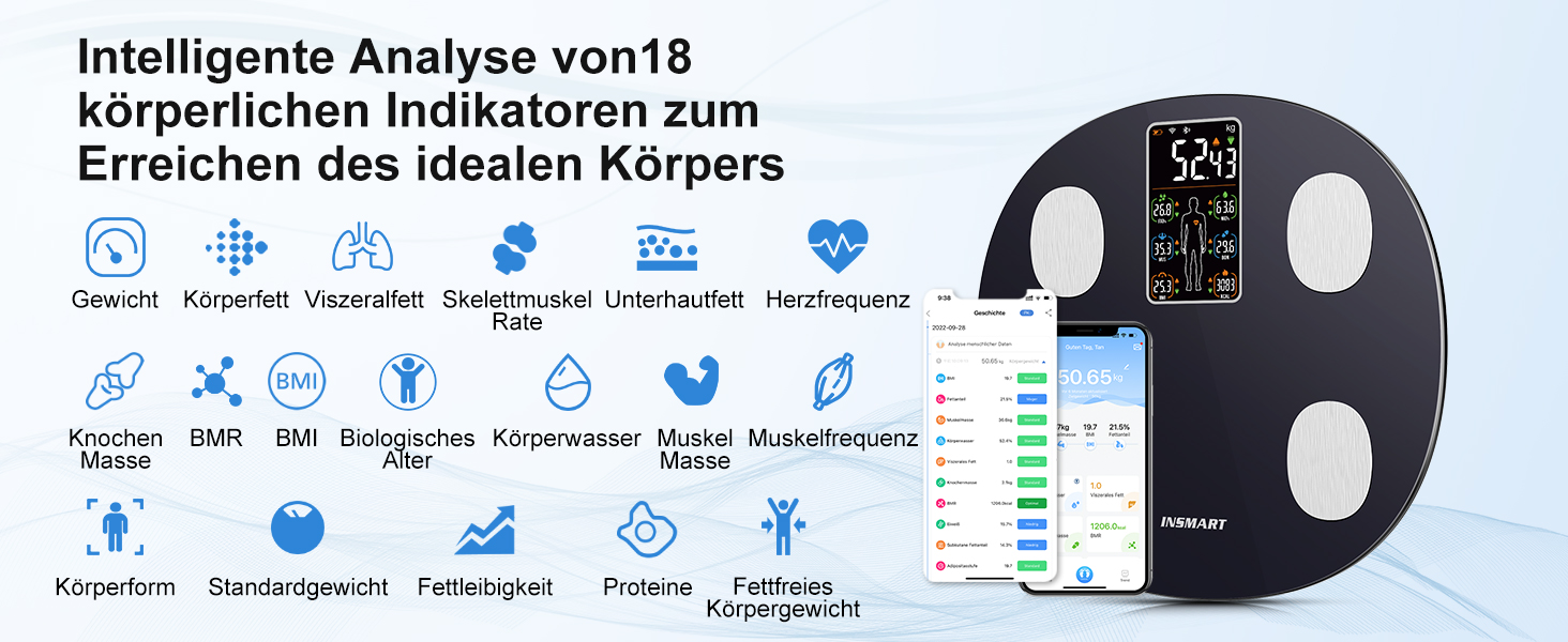 INSMART Розумні ваги для аналізу складу тіла, цифрові ваги з Bluetooth і додатком, вимірювання ваги, ІМТ, жиру, м’язової маси, води, пульсу, білка, BMR, 18 показників