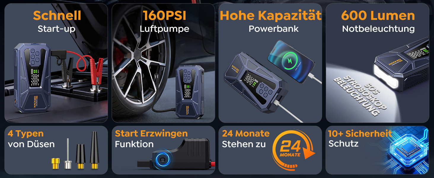 Пусковий пристрій (бустер) 8000A з компресором 160 PSI, Powerbank 12V для бензинових та дизельних двигунів до 12.0L, портативний стартер з LED-ліхтарем 600LM та кабелями