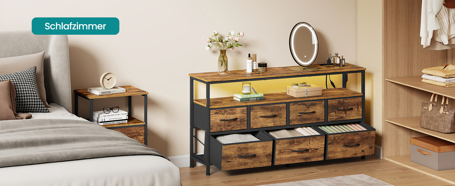 SONGMICS BELLAH: Комод, шафа, LED-підсвічування, тумба з зарядкою, індустріальний стиль, вінтажний коричневий + чорний, 7 ящиків, LGS723KD01