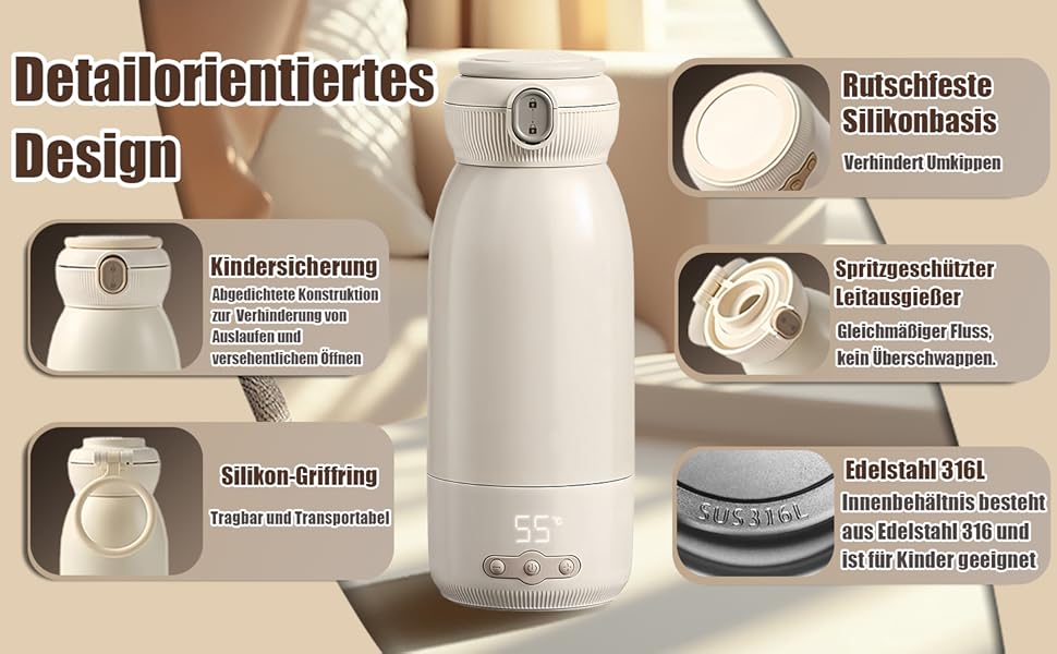 Портативний підігрівач для пляшечок Baby, 500 мл, для материнського молока та води, підігріває, підтримує тепло та стерилізує, швидкий нагрів за 3 хвилини, акумулятор 10400 mAh для тривалої роботи