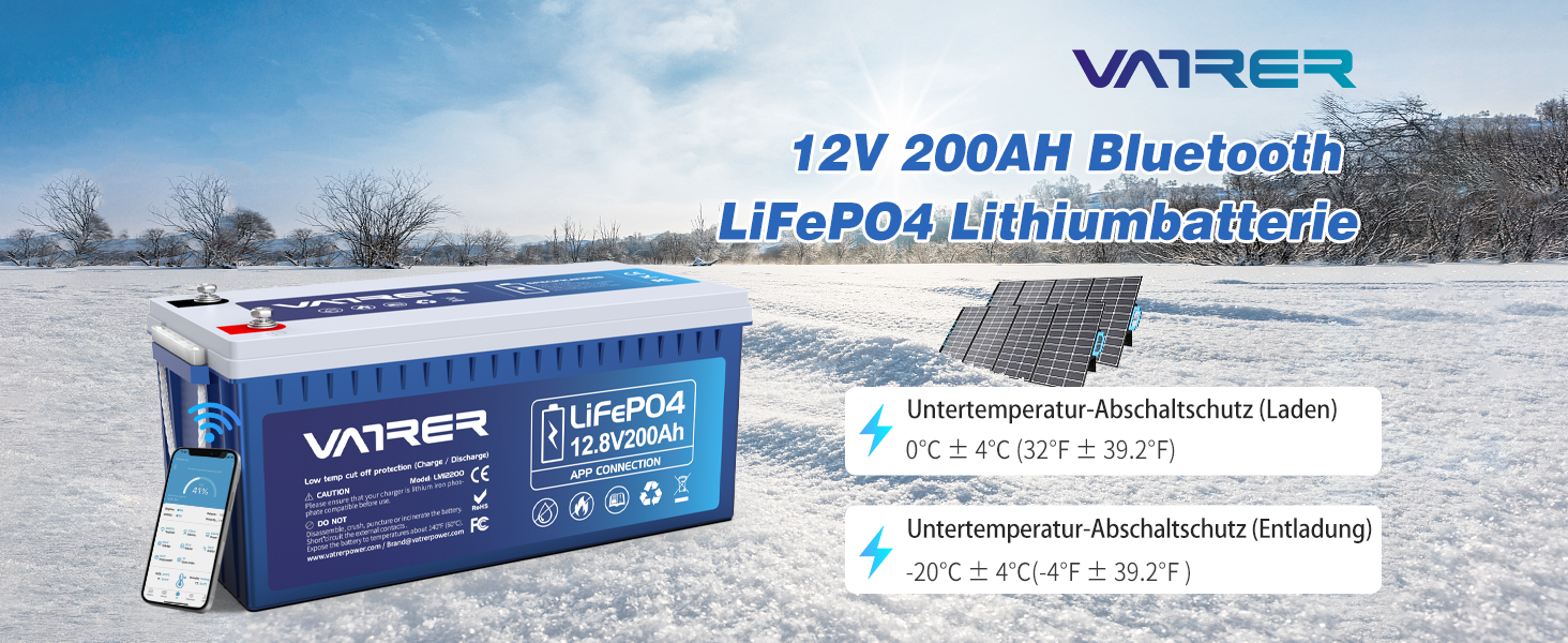 Літієва батарея VATRER POWER 12V 100AH LiFePO4 з Bluetooth, 100A BMS, 5000 циклів, 1280 Вт, захист від низької температури