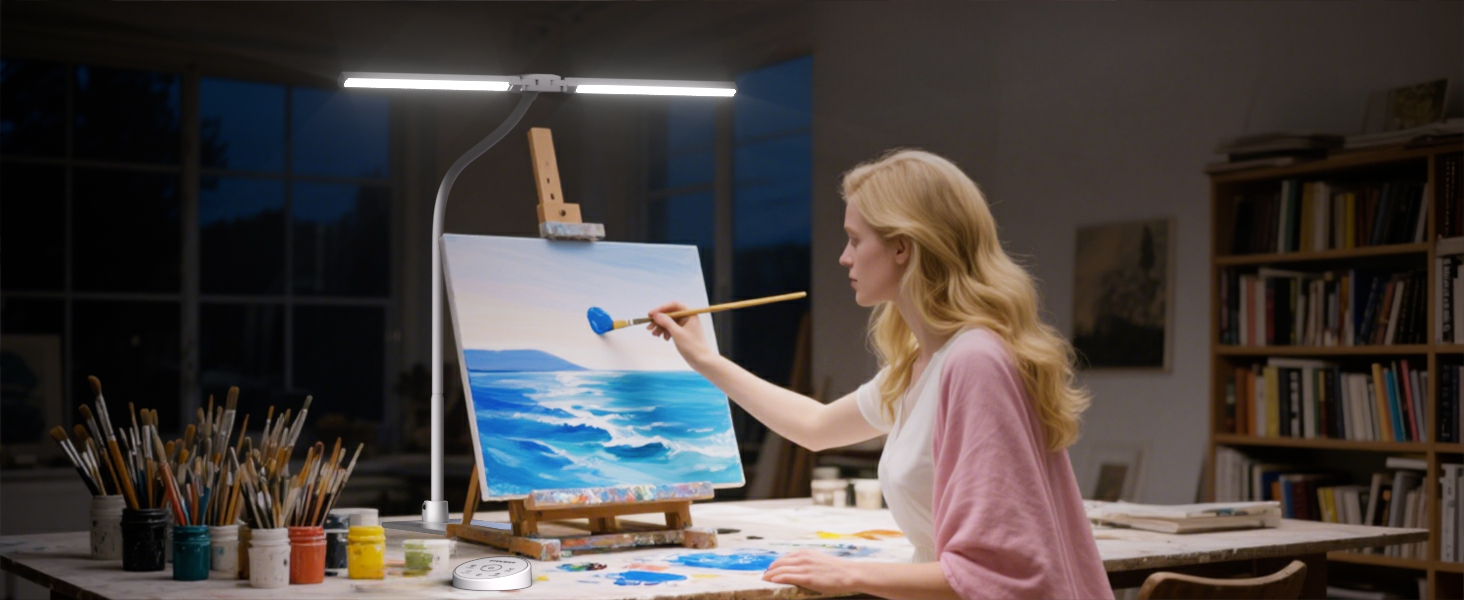 Стіл лампа з двома головками для дітей, захист очей, 16W, 72см, денне світло, диммування, пульт ДУ, лебединий шийка, матовий білий